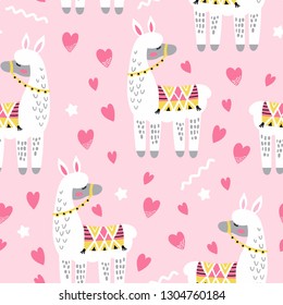 Seamless pattern with cute llama in love and hearts. Creative childish texture. Great for fabric, textile Vector Illustration