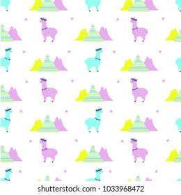 seamless pattern of cute llama and mountains, flat design, vector illustration
