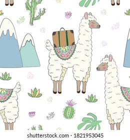 seamless pattern with cute llama, mountains and cacti - vector illustration, eps