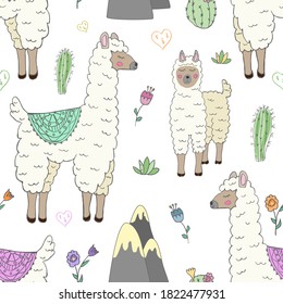 seamless pattern with cute llama, mountains and cacti - vector illustration, eps