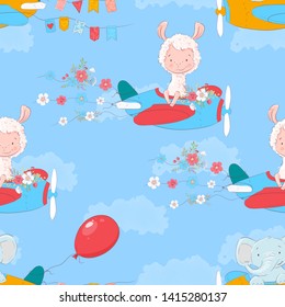 Seamless pattern cute llama on the plane in cartoon style. Hand drawing.