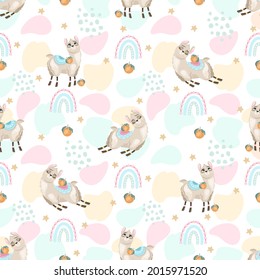 Seamless pattern with a cute Llama on a summer background. Vector illustration.