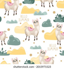 Seamless pattern with a cute Llama on a summer background. Vector illustration.