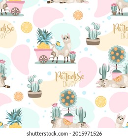 Seamless pattern with a cute Llama on a summer background. Vector illustration.