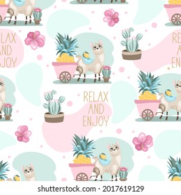 Seamless Pattern With A Cute Llama On A Summer Background. Vector Illustration.