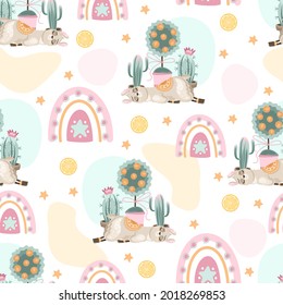 Seamless pattern with a cute Llama on a summer background. Vector illustration.
