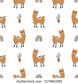 Seamless pattern with a cute Llama on a summer background. Vector illustration.