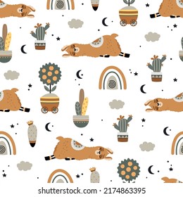 Seamless pattern with a cute Llama on a summer background. Vector illustration.
