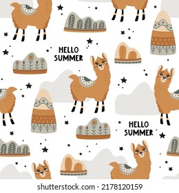 Seamless pattern with a cute Llama on a summer background. Vector illustration.
