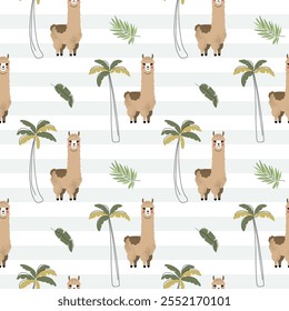 Seamless pattern with cute llama and palm trees. Alpaca. Childish jungle background. Tropical wallpaper.