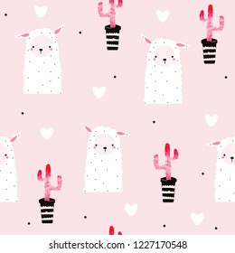 Seamless pattern with cute llama and pink cacti. Vector hand drawn illustration.