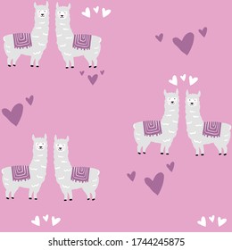 Seamless pattern with cute llama and pink cacti. Vector hand drawn illustration.