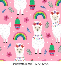 seamless pattern with cute llama and rainbow
-  vector illustration, eps