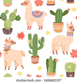 Seamless pattern with cute llama, various cactus and flowers. Texture for textile, postcard, wrapping paper, packaging. Vector illustration.