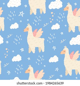 Seamless pattern with a cute llama with wings. Vector illustration with a llama for decorating a children's room, wallpaper, fabrics, dishes, albums. A fabulous animal with wings. Flat doodle style.