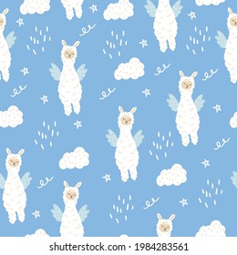 Seamless pattern with a cute llama with wings. A fabulous animal with wings. Flat doodle style.  Vector illustration with a llama for decorating a children's room, wallpaper, fabrics, dishes, albums.