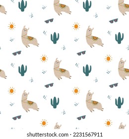 seamless pattern with cute llama,music notes and sunglasses