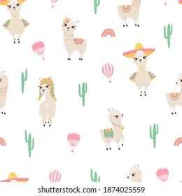 Seamless pattern with cute llamas, air balloon and cacti. Background with funny Alpaca babies for textiles, children's clothing, Wallpaper. Vector illustration