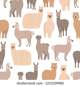 Seamless pattern with cute llamas and alpacas on white background. Backdrop with funny wild wooly domestic animals. Colorful vector illustration in flat cartoon style for fabric print, wallpaper.