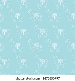 Seamless pattern with cute llamas and alpacas. Vector baby animal illustration for kids. Child drawing style lama. Design for fabric, wallpaper, textile and decor.