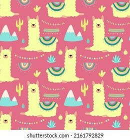 Seamless pattern of cute llamas, alpacas with yellow wool, mountains, cacti on a bright pink background. Image for children, room, textile, clothes, cards, wrapping paper. Hand-drawn illustration.
