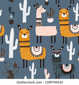 Seamless pattern with cute llamas ans cactuses. Creative hand drawn llama childish texture. Great for fabric, textile Vector Illustration