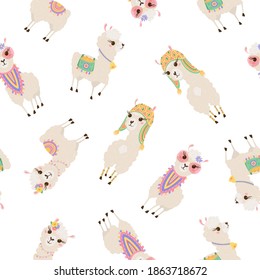 Seamless pattern with cute llamas. Background with funny Alpaca babies for textiles, children's clothing, Wallpaper. Vector illustration