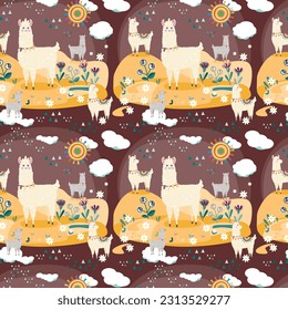 Seamless pattern of cute llamas. Bright summer background with alpacas and landscape.  Ready for fabrics and wrapping paper.