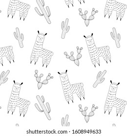 Seamless pattern of cute llamas and cacti. Hand-drawn outline alpacas and succulents. Stock vector illustration isolated on white background.