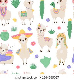 Seamless pattern with cute llamas and cacti. Background with funny Alpaca babies for textiles, children's clothing, Wallpaper. Vector illustration