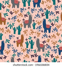 Seamless pattern of cute llamas with cacti and leaves. Vector illustration isolated on white background.