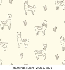 Seamless pattern of cute llamas and cacti. Vector illustration of funny animals background wallpaper.