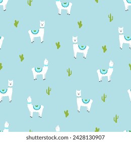 Seamless pattern of cute llamas and cacti. Vector illustration of funny animals background wallpaper.