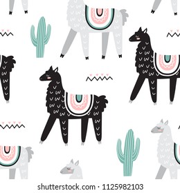 Seamless pattern with cute llamas and cactus. Black and grey lamas. Creative childish texture. Great for fabric, textile. Vector Illustration in Scandinavian style.