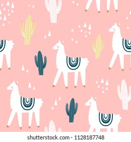 Seamless pattern with cute llamas and cactus. Lama on pink background. Creative childish texture. Great for fabric, textile. Vector Illustration.