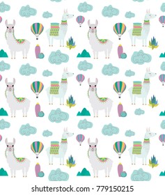 Seamless pattern with cute llamas and cactus.  Editable vector illustration