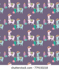 Seamless pattern with cute llamas and cactus.  Editable vector illustration