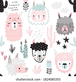 Seamless pattern with Cute Llamas. Childish Alpaca background characters with cacti and other elements. Vector illustration.