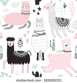 Seamless pattern with Cute Llamas. Childish Alpaca background characters with cacti and other elements. Vector illustration.