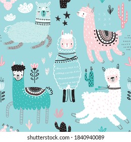 Seamless pattern with Cute Llamas. Childish Alpaca background characters with cacti and other elements. Vector illustration.