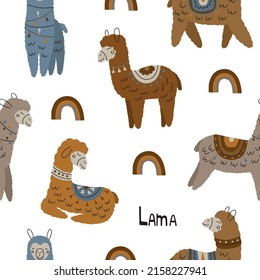 Seamless pattern with cute llamas in different poses. Boho style vector illustration isolated on white background for your design