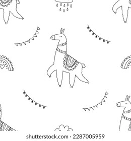 Seamless pattern with cute llamas in doodle style. Lovely vector illustration, background design, suitable for textiles, wrapping paper, packaging for kids and adults.