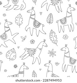 Seamless pattern with cute llamas in doodle style. Lovely vector illustration, background design, suitable for textiles, wrapping paper, packaging for kids and adults.