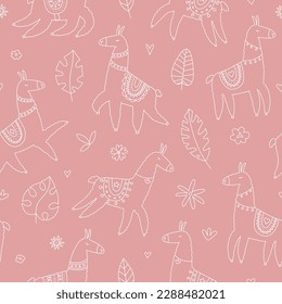 Seamless pattern with cute llamas in doodle style. Lovely vector illustration, background design, suitable for textiles, wrapping paper, packaging for kids and adults.