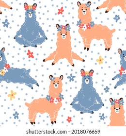 Seamless pattern with cute llamas, flowers and peas. Children's hand-drawn texture. The pattern is great for fabric, textiles, packaging, wallpaper, children's clothing. Vector illustration