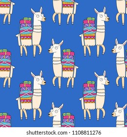 Seamless pattern with cute llamas. Good for textile fabric design, wrapping paper and website wallpapers. Vector illustration.