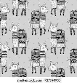 Seamless pattern with cute llamas. Good for textile fabric design, wrapping paper and website wallpapers. Vector illustration.