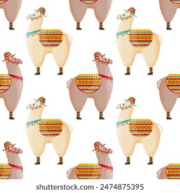 Seamless pattern, cute llamas in a hat with a saddle, mexican alpaca. Background, print, children's textile, vector