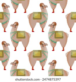 Seamless pattern, cute llamas in a hat with a saddle, mexican alpaca. Background, print, children's textile, vector