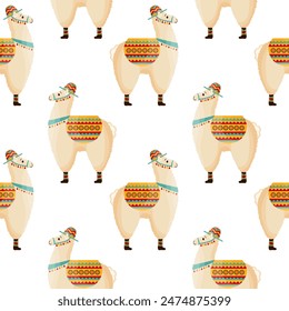 Patrón sin costuras, llamas lindas en un sombrero con una silla de montar, alpaca mexicana. Fondo, estampado, textil para niños, Vector